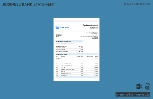 Monese Bank Geschäftskontoauszug im Word- und PDF-Format – Beispielvorschau
